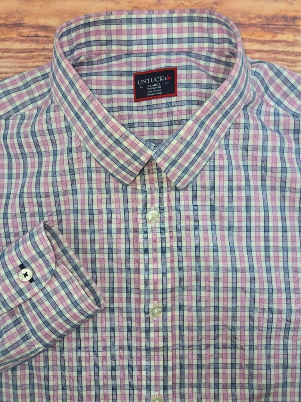 Untuckit Wrinkle-Free Mens Pink Plaid Button-Down Shirt XL